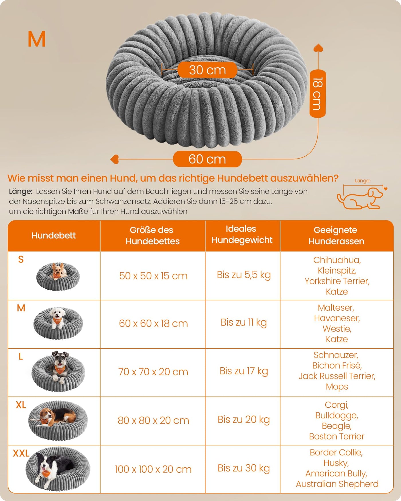 Feandrea PlushNest Donutbett – Mittel, Weich & Gepolstert, Taubengrau